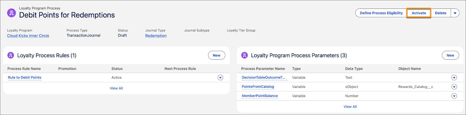 ルールとパラメーターが表示されている [Debit Points for Redemptions (償還のポイントをデビット処理)] レコードページ。