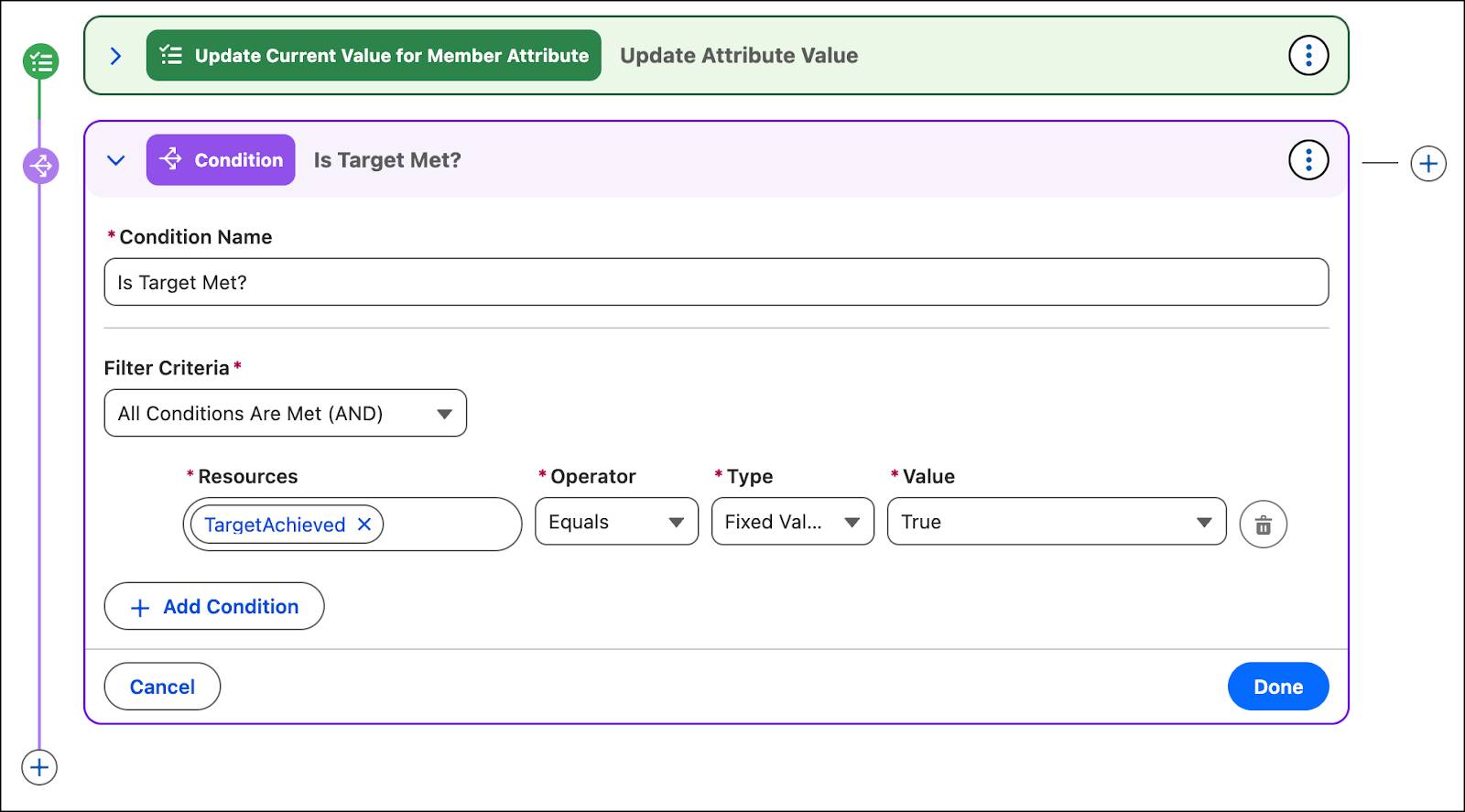 The New Condition window where you define the filter criteria to check if the target is met