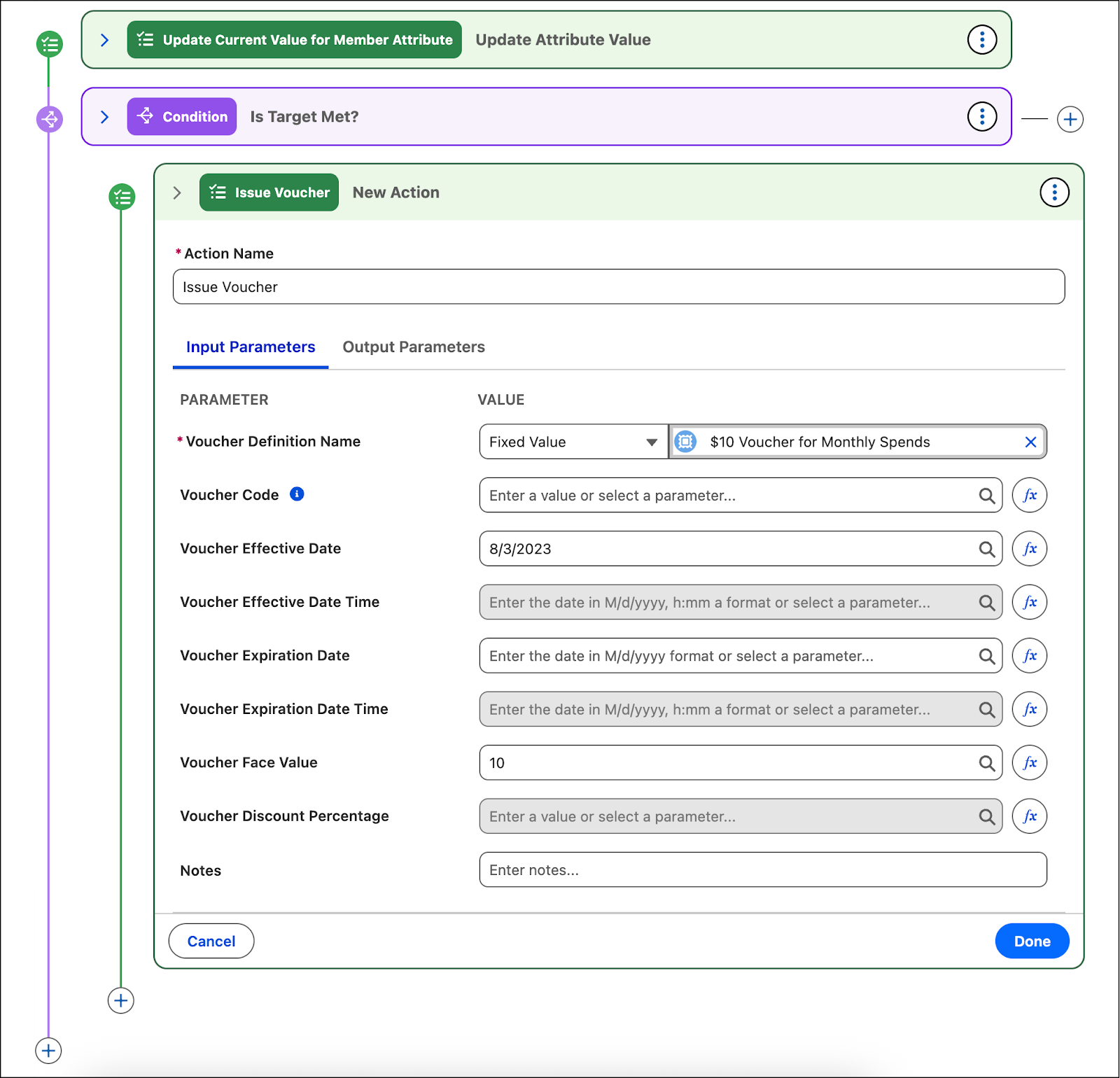The Issue Voucher window where you add the Issue Voucher action to a condition.