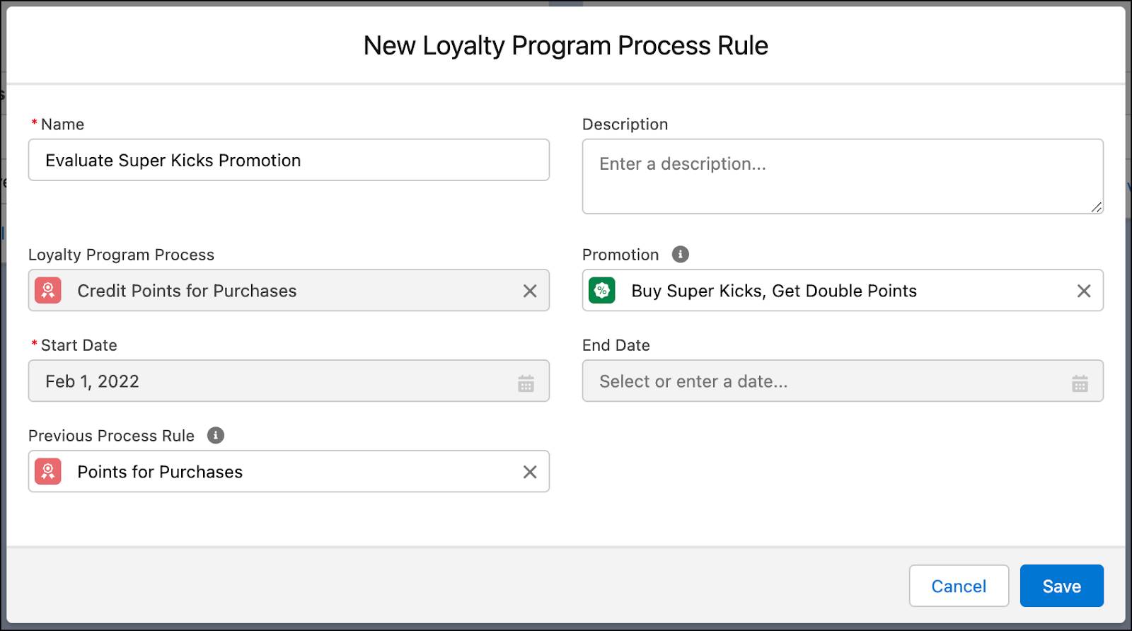 プロモーションのルールを作成する [New Loyalty Program Process Rule (新規ロイヤルティプログラムプロセスルール)] ウィンドウ