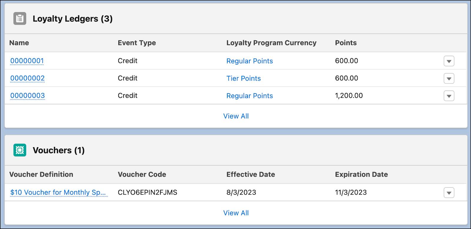 The Loyalty Ledgers and Vouchers cards with the credited points and issued voucher.