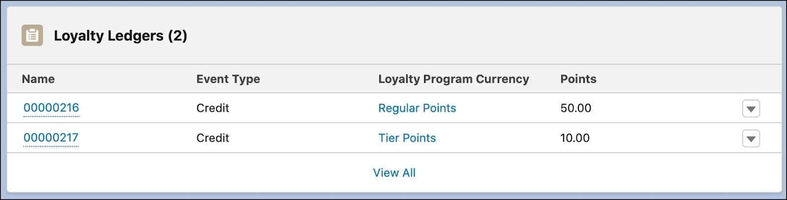 ソーシャルメディア活動のポイントが表示されている [Loyalty Ledgers (ロイヤルティ元帳)] カード