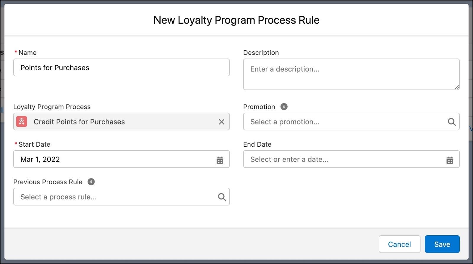 新しいルールを作成する [New Loyalty Program Process Rule (新規ロイヤルティプログラムプロセスルール)] ウィンドウ