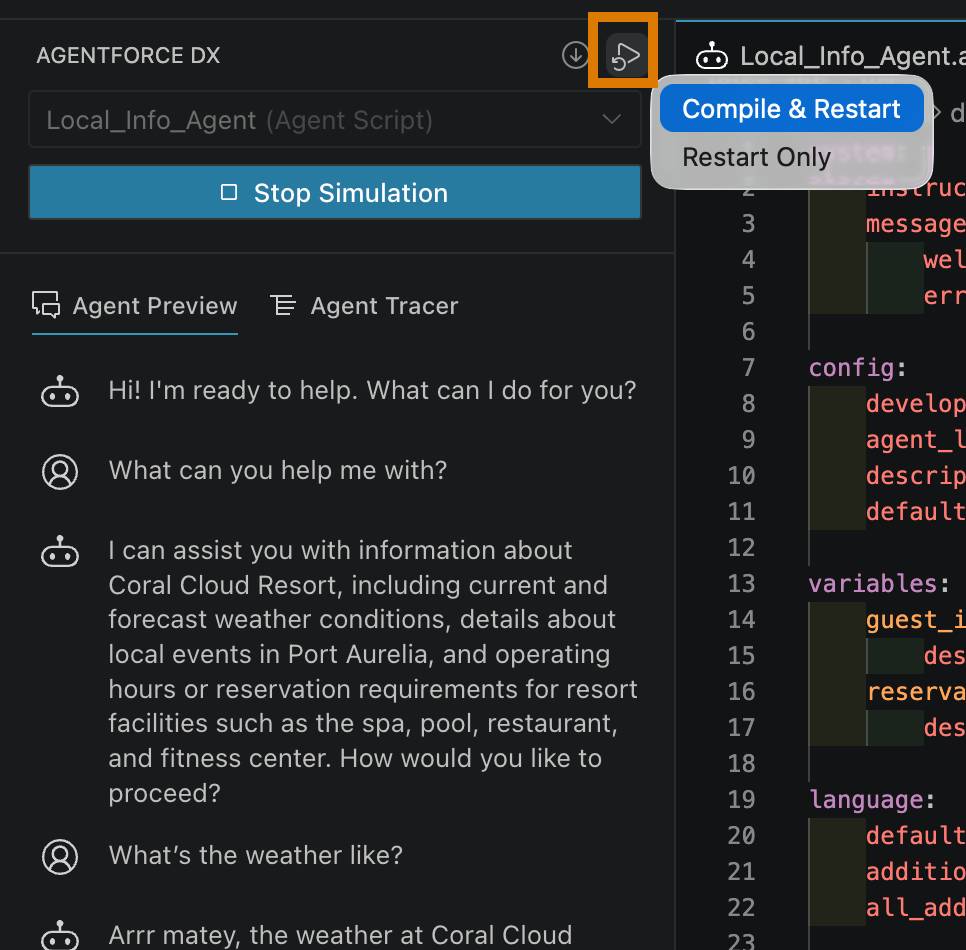 VS code showing the Restart Options with Compile and Restart button highlighted in the Agenforce DX preview window.