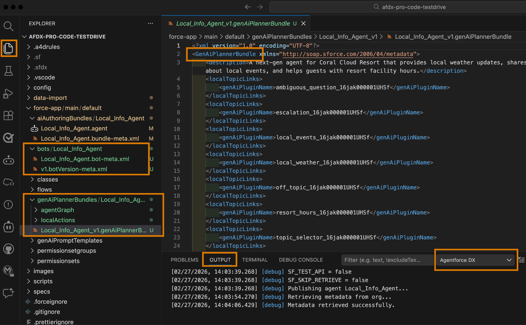 Explorer de VS Code con los metadatos del agente resaltados, como Bot, BotVersion y GenAiPlannerBundles, y el archivo XML del paquete de planificación Local_Info_Agent_v1 abierto en el editor. También está resaltada la ficha Output (Salida) para Agentforce DX.