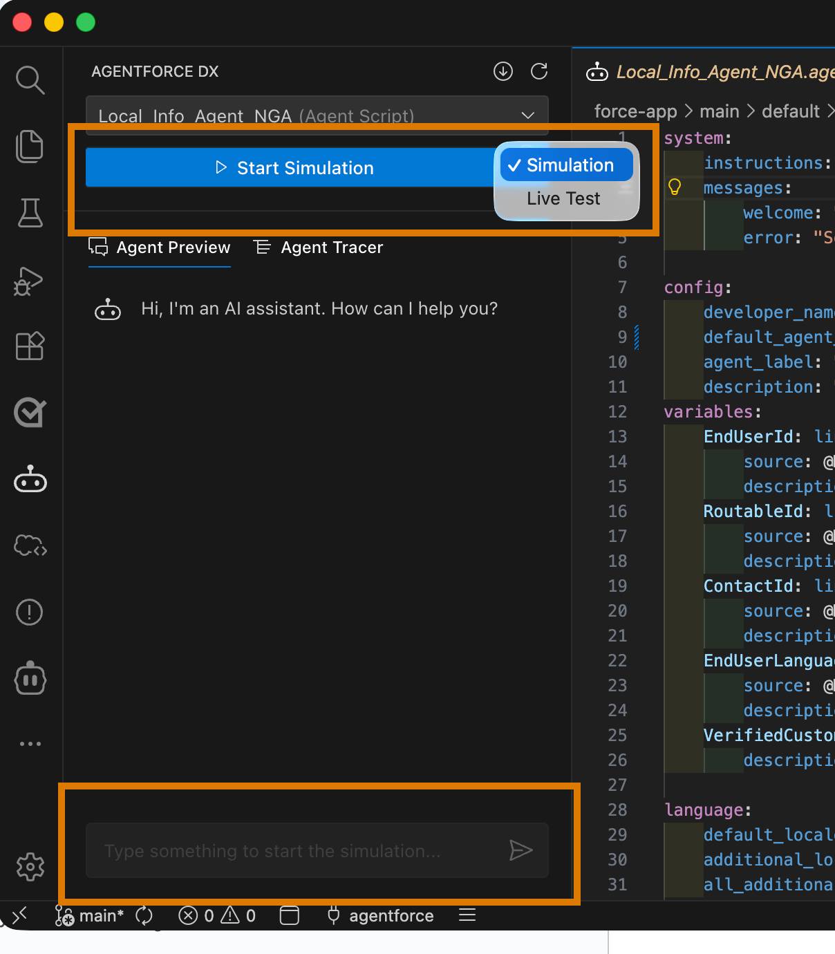Agentforce DX preview panel showing the chat box and button to start simulation highlighted.
