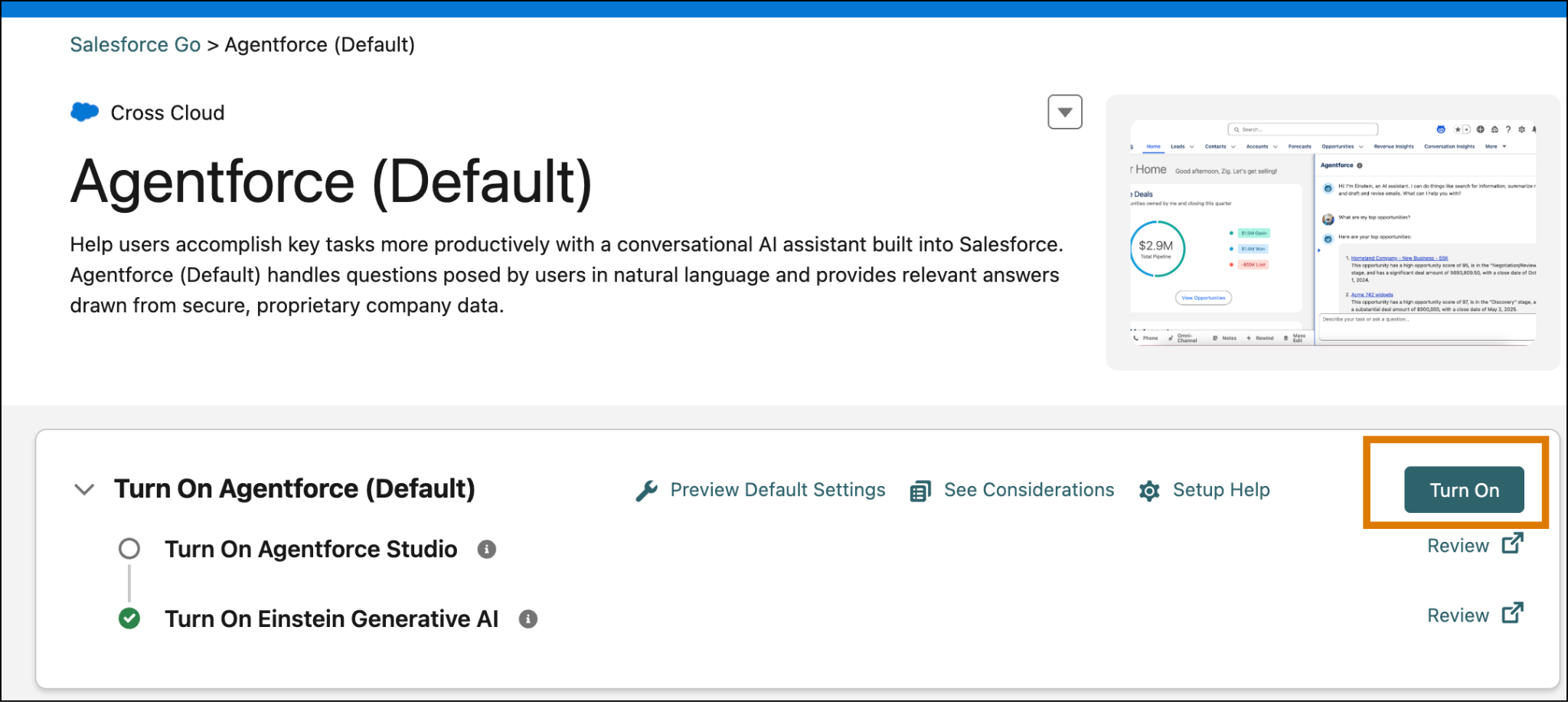 Página Agentforce (Default) (Agentforce [predeterminada]) en Salesforce en la que se muestra el botón Turn On (Activar).
