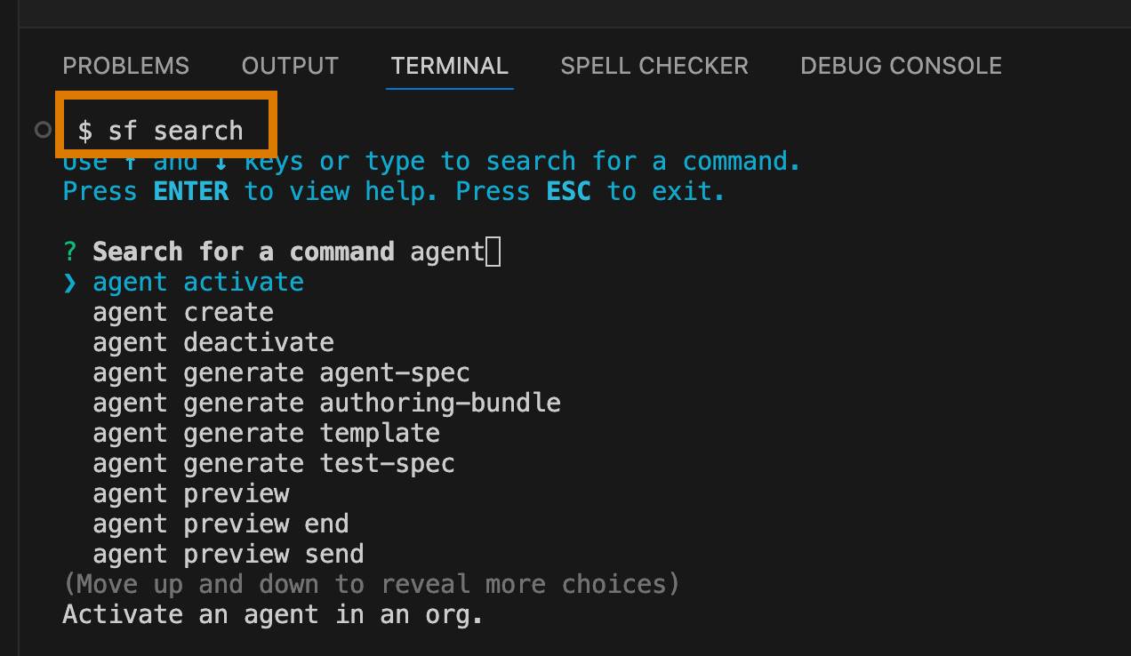 VS Code，显示集成终端正在运行 Salesforce CLI 命令 "sf search"。
