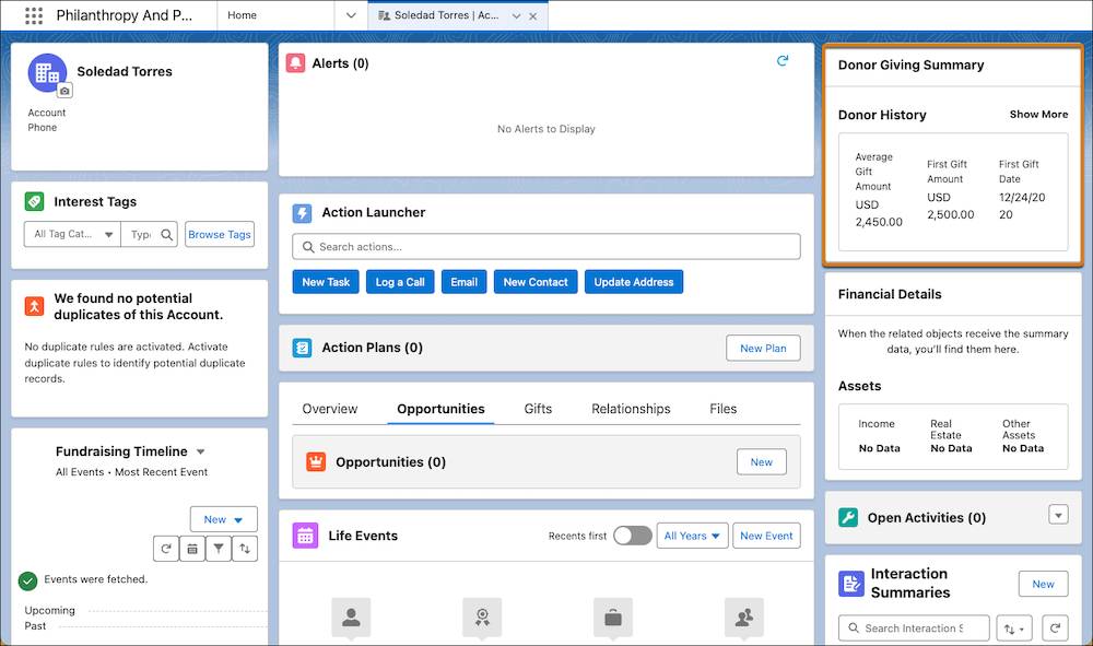 The Average Gift Amount, First Gift Amount, and First Gift Date rollup fields appear on a donor’s person account record.
