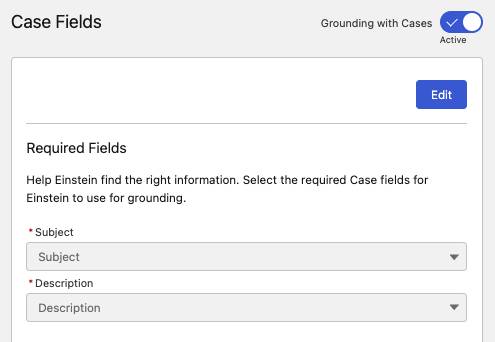 Case Fields screen with Grounding with Cases set to the Active position.