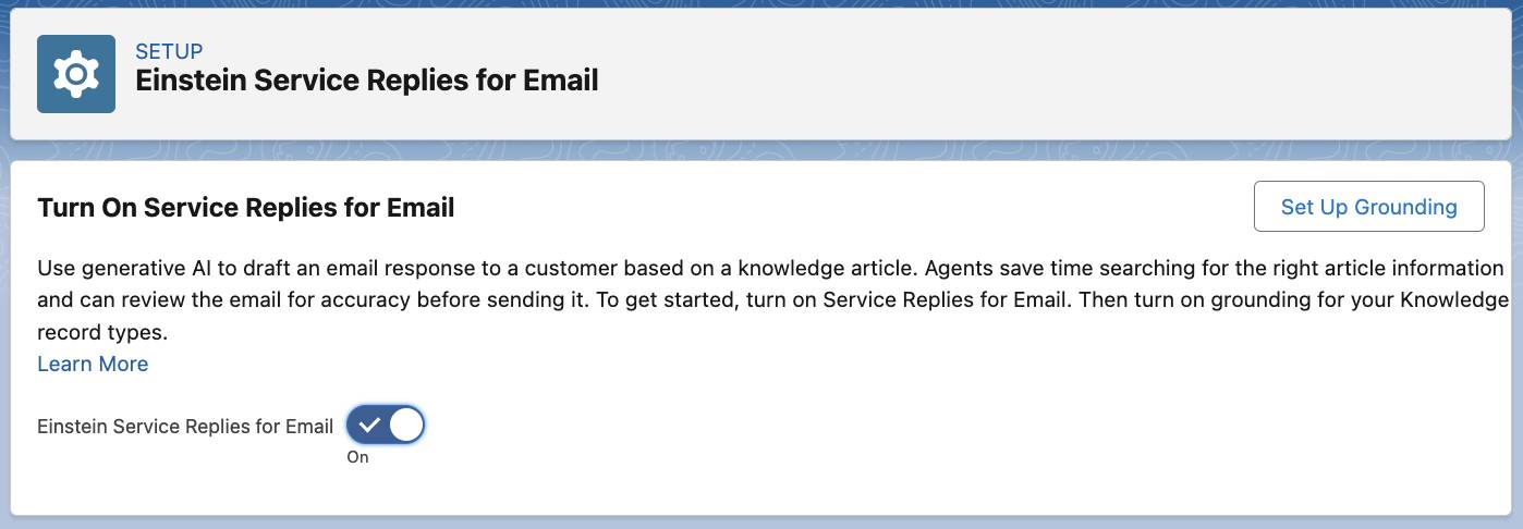 Einstein Service Replies for Email toggle set to the On position.
