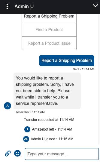 Embedded Messaging window with an update from the Amazebot saying they can’t help but will transfer you to a service representative.