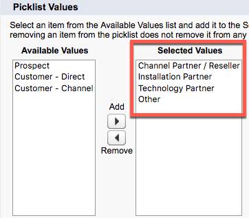 Picklist Values showing only the desired values in the Selected Values column.