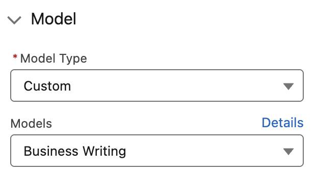 Model Type set to Custom and Models set to Business Writing.