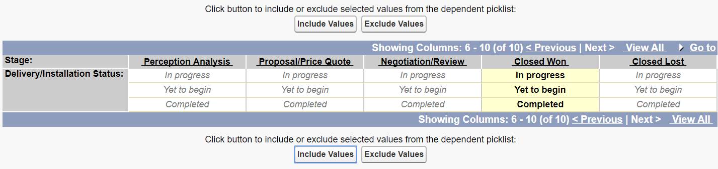 Screenshot of the page used to include or exclude selected values from a dependent picklist