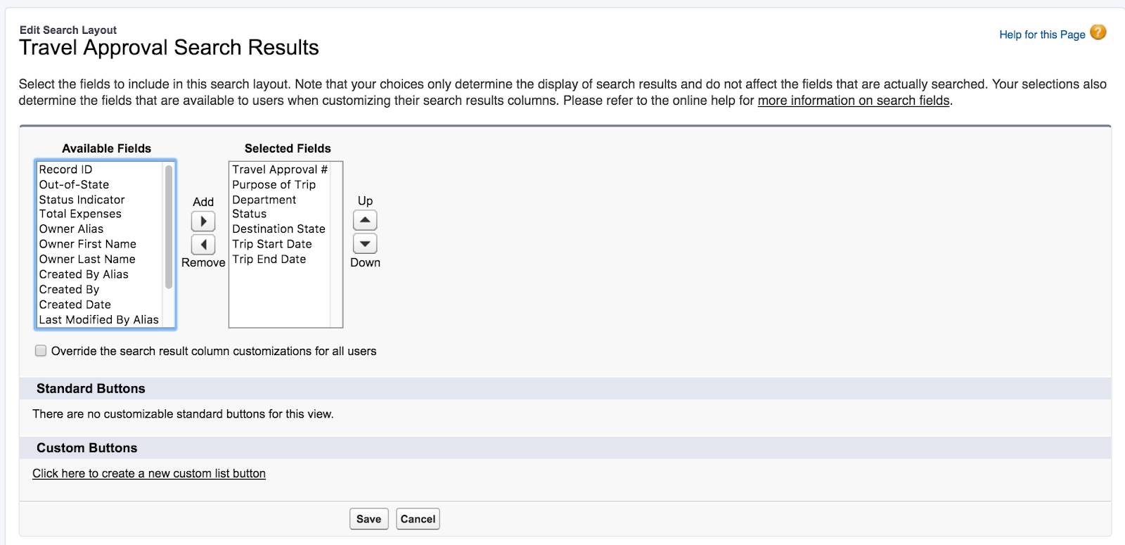 Travel Approval Search results page with Available and Selected Fields.