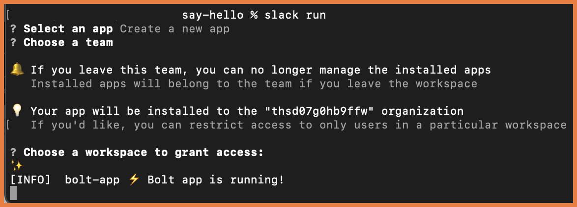 Terminal command and response history as mentioned above, with the result bolt-app :lightningbolt: Bolt app is running!