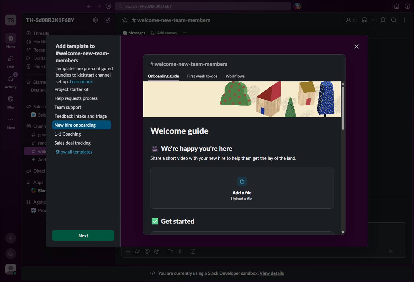 with New hire onboarding selected, Slack offers a click-able preview that enables you to toggle between a template onboarding guide, first week to-dos, and workflow