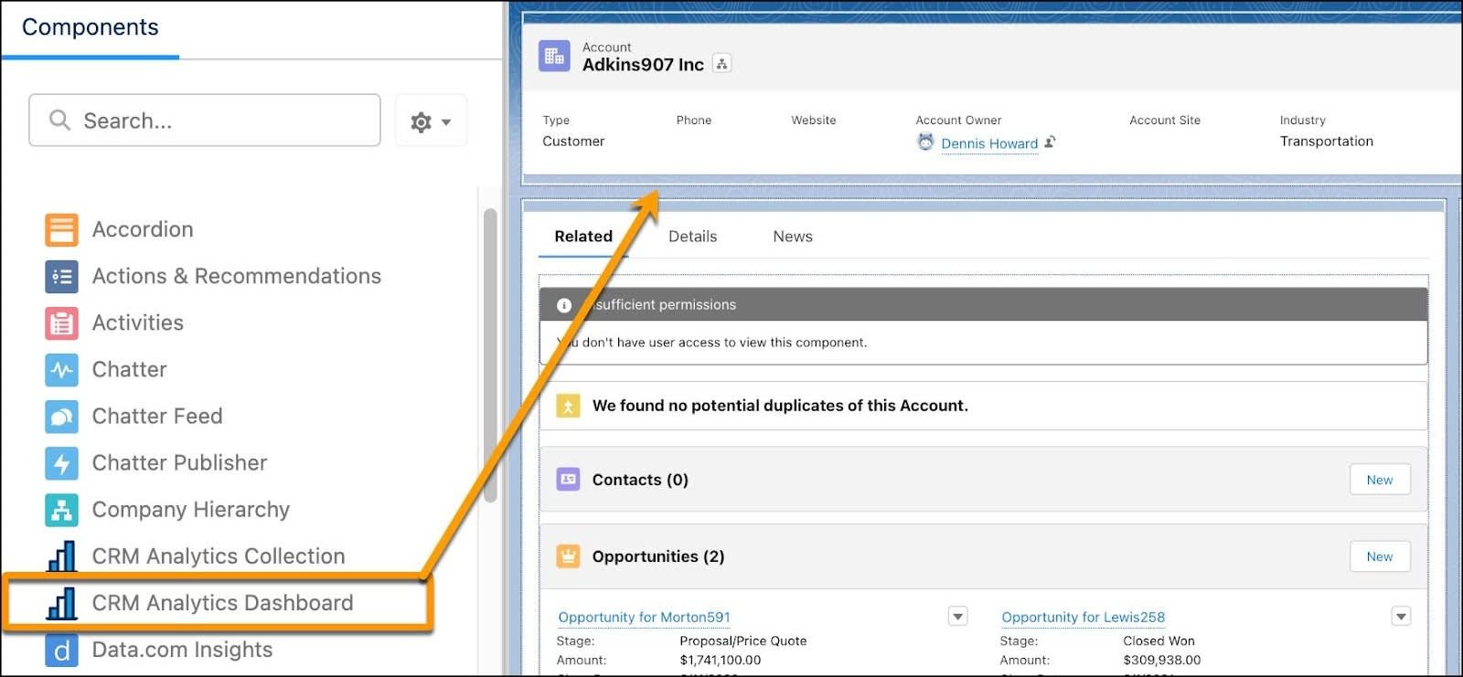 Página de Lightning en modo de edición que indica el componente CRM Analytics Dashboard (Tablero de CRM Analytics) y una flecha que muestra dónde colocarlo