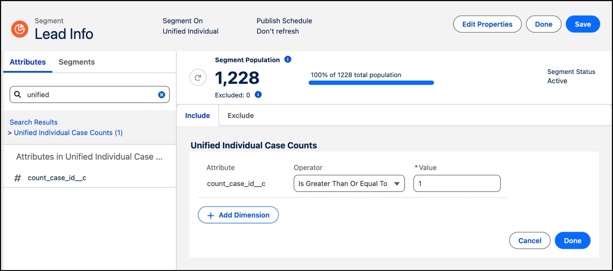 Related attributes with count_case_id_C selected with an operator of Is Greater Than Or Equal to 1.