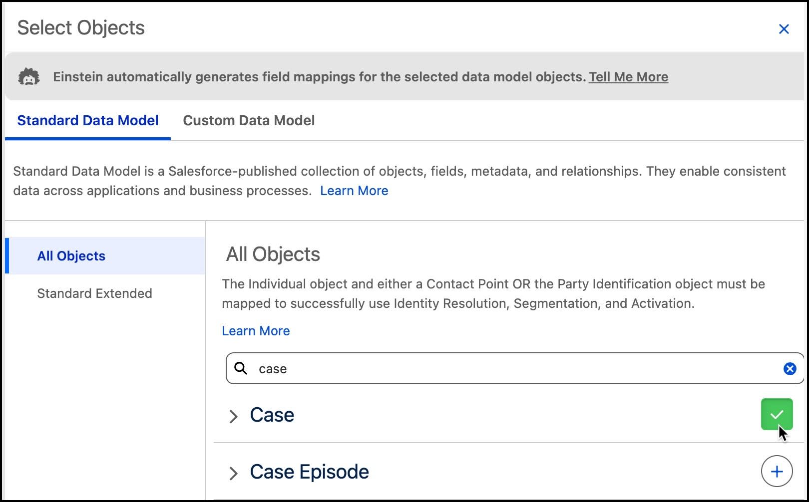 Map Case objects by clicking the plus button to automatically map some fields. It becomes a green checkmark when selected.