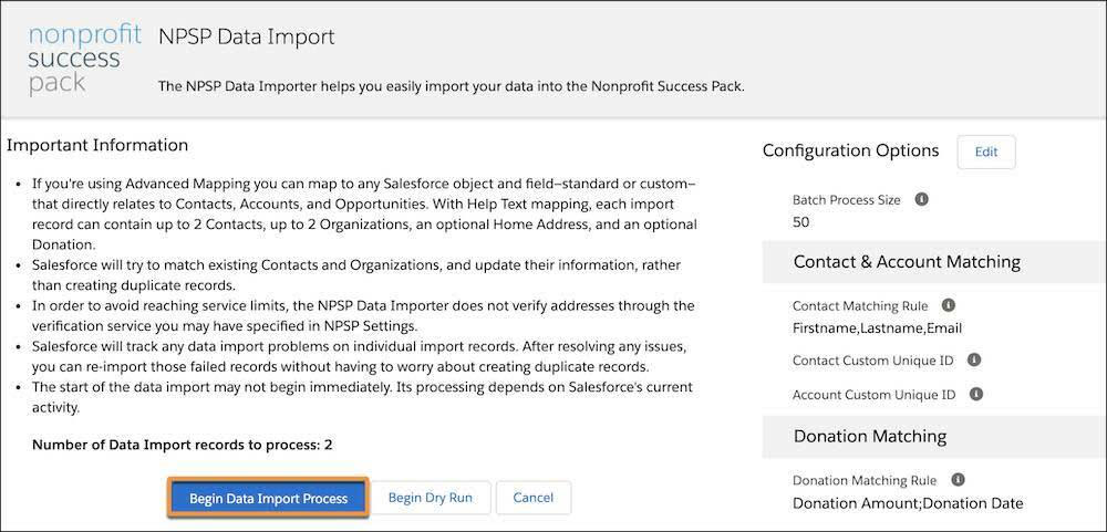 The Begin Data Import Process button