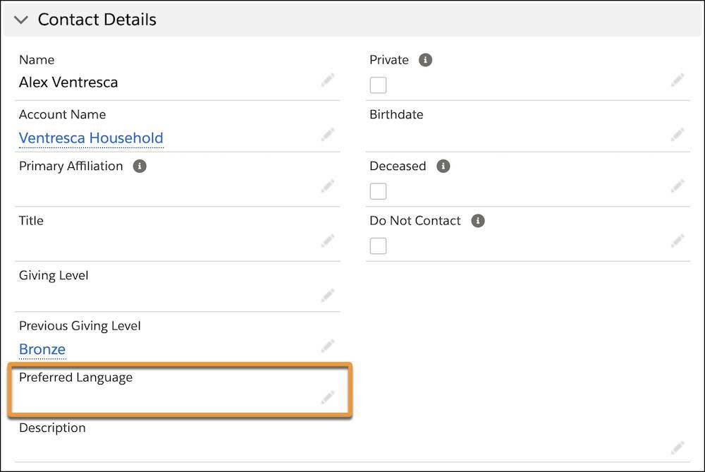 The Preferred Language field on a contact record