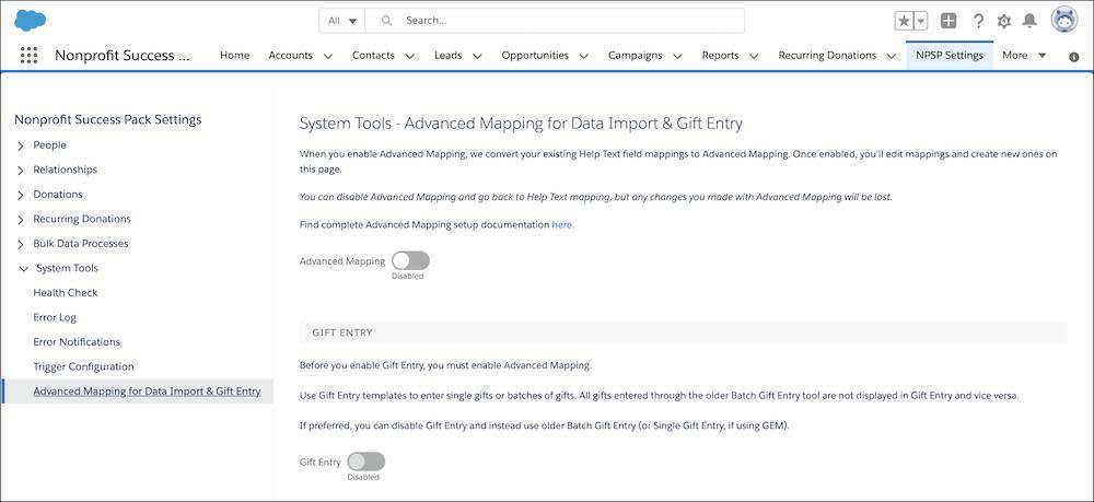 La page Advanced Mapping for Data Import &amp; Gift Entry (Mappage avancé pour Importation de données et Saisie de dons)