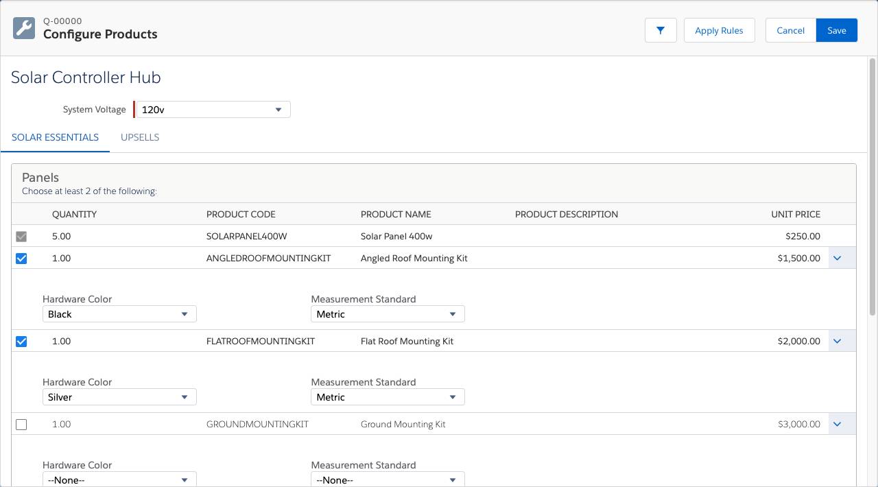 Product Configuration of a Solar Controller Hub bundle with multiple configuration attributes visible