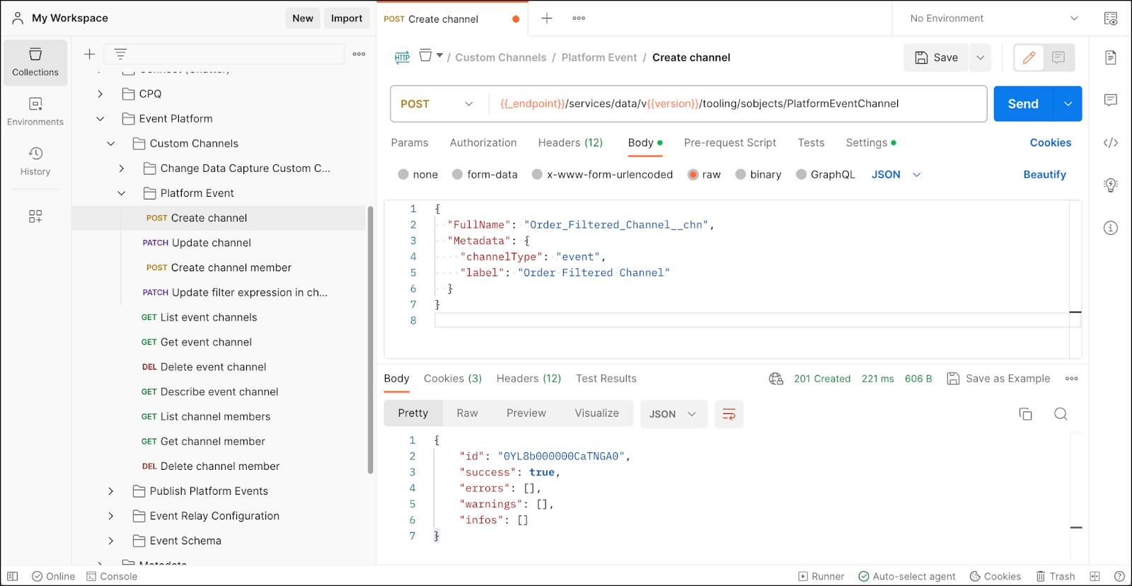 The Postman app containing the result of channel creation.