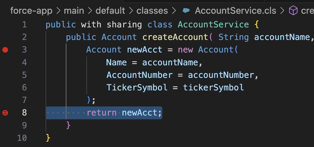 Checkpoint set on line in AccountService.cls in Visual Studio Code