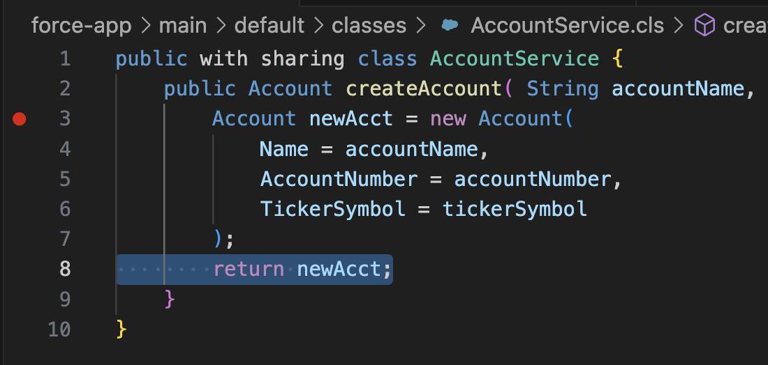 Cursor en la línea donde se va a agregar un punto de comprobación en el archivo AccountService.cls en Visual Studio Code