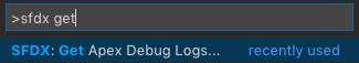 [SFDX: Get Apex Debug Logs (SFDX: Apex デバッグログを取得)] コマンドに絞り込まれたコマンドパレット