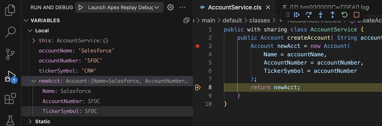 Sessão de depuração pausada na linha em AccountService.cls no Visual Studio Code