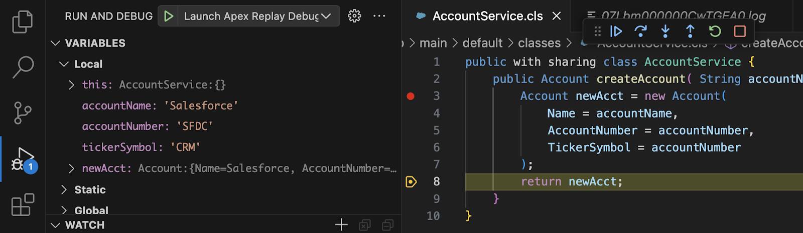 Sessão de depuração pausada na linha em AccountService.cls no Visual Studio Code