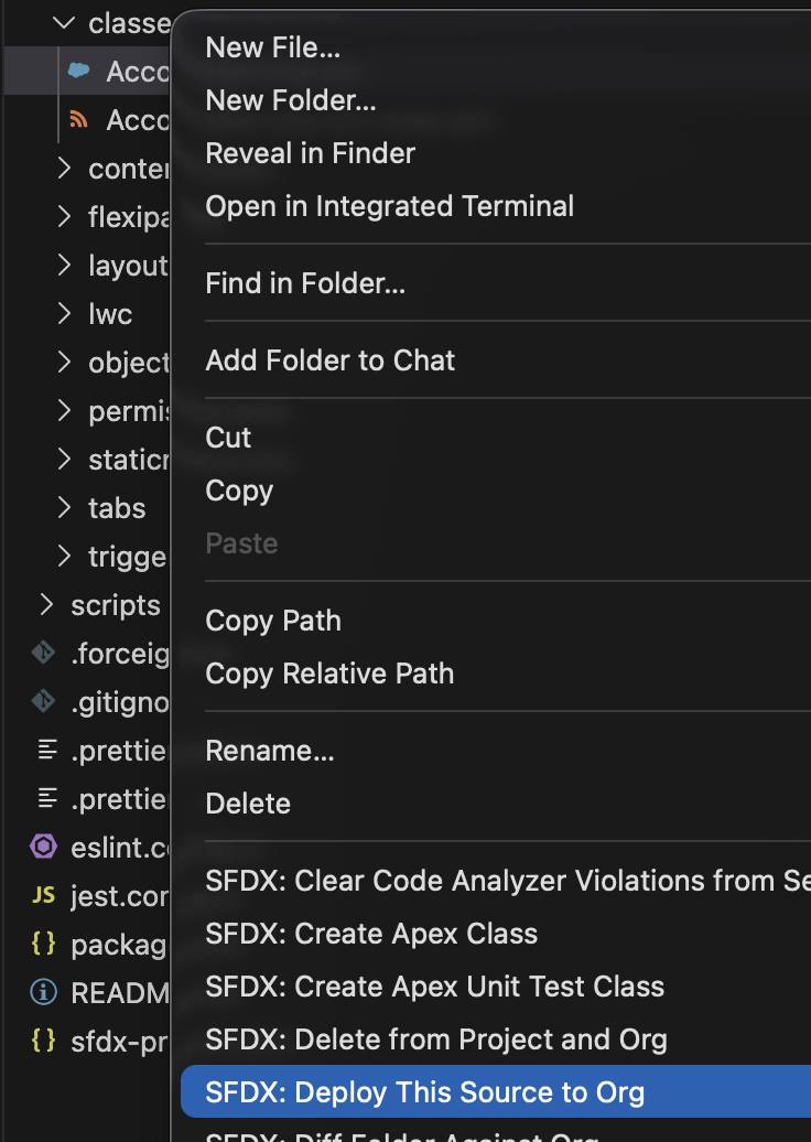 Clique com o botão direito do mouse na lista com a opção SFDX: Deploy This Source To Org (SFDX: Implantar esta origem na organização)