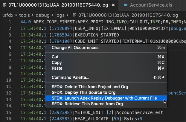 Visual Studio Code で開いたデバッグログからの Apex Replay Debugger の起動