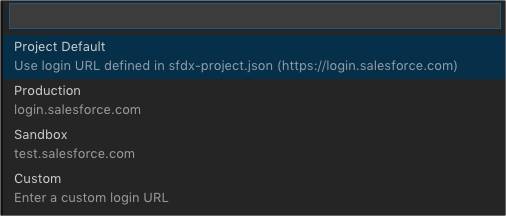 Login URL options for authorizing an org in Visual Studio Code