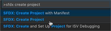 Command Palette filtered to SFDX: Create Project command
