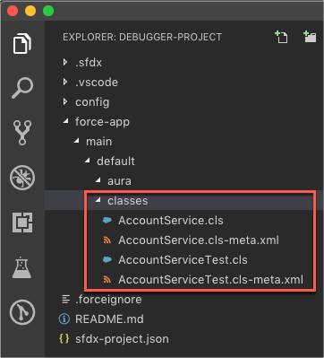 Visual Studio Code con los archivos de la carpeta force-app/main/default/classes