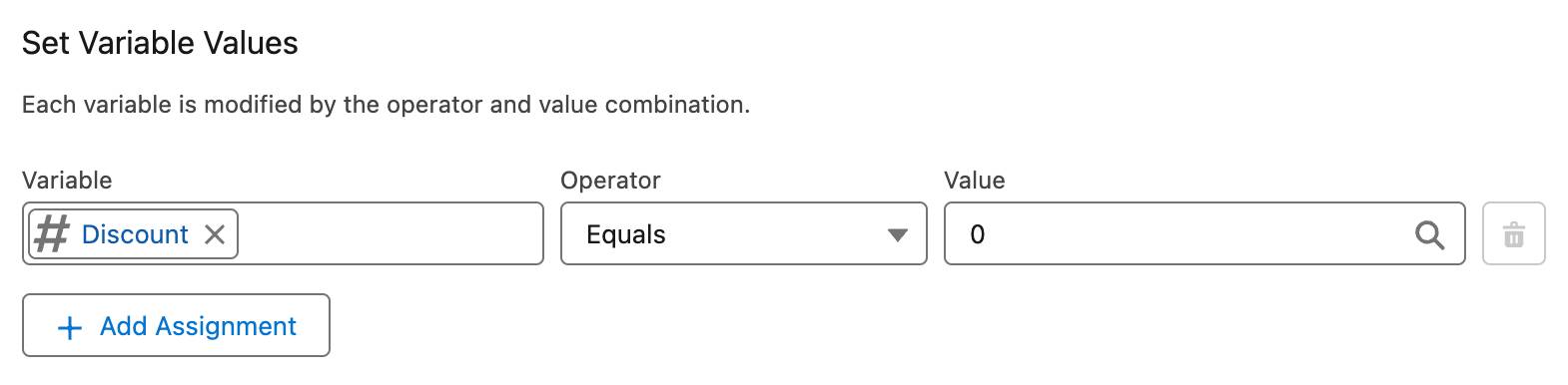 Uma visualização da sobreposição Set Variable Values (Configurar valores de variável) para No discount (Sem desconto).