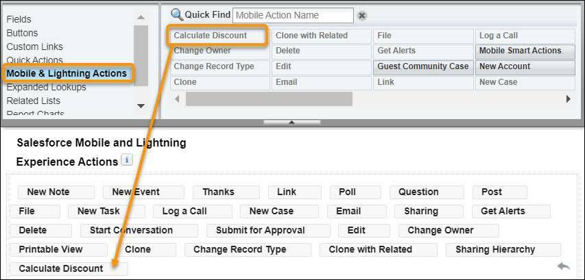 Una vista de la pantalla Opportunity Layout (Formato de oportunidad) que muestra a los usuarios dónde arrastrar el botón Calculate Discount (Calcular descuento) en Salesforce Mobile and Lightning Experience Actions (Acciones de la aplicación móvil Salesforce y Lightning Experience).