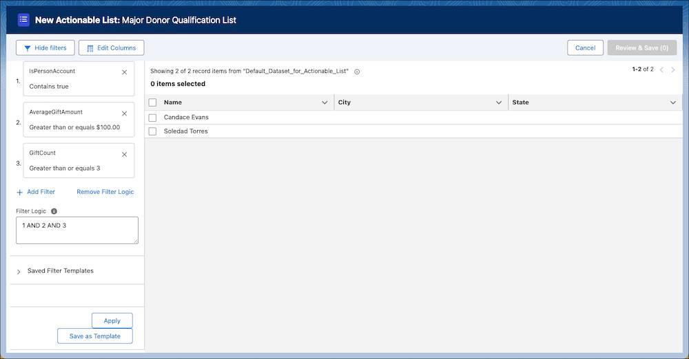 Two records in the actionable list matching the filters and filter logic.
