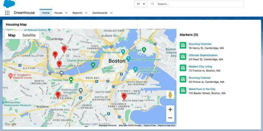 Page d’accueil affichant le composant Web Lightning Housing Map.