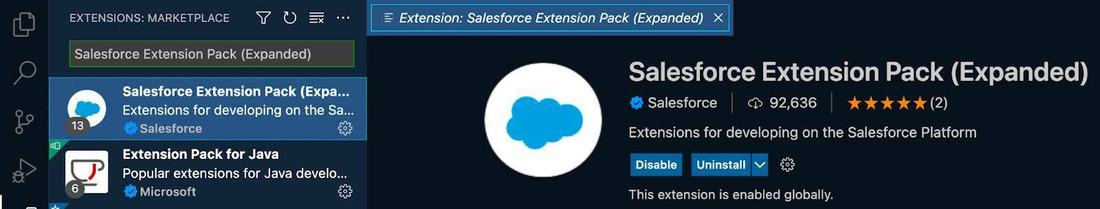 El Paquete de extensiones de Salesforce (Expandido) de la extensión de VS Code.