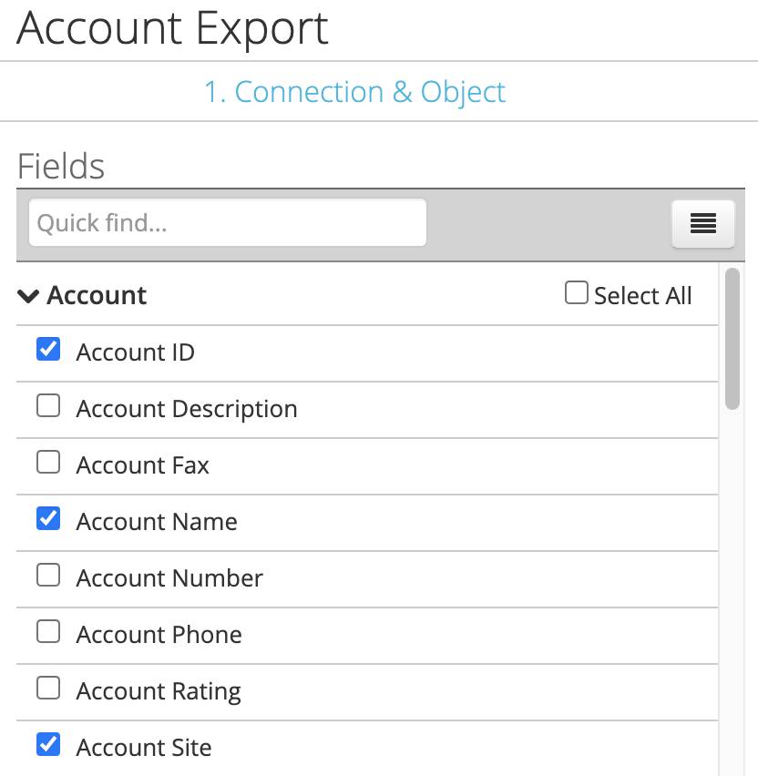 Campos de Account (Conta) selecionados
