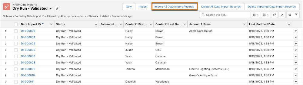 The Dry Run - Validated list view with the Start Data Import button highlighted