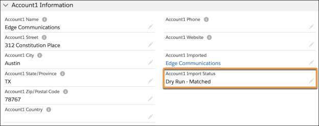 The Account1 section of the record, with Account1 Import Status highlighted to show “Dry Run - Matched” status.