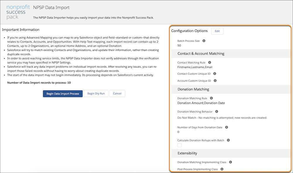 Page NPSP Data Import (Importation de données NPSP) avec les options de configuration mises en évidence.