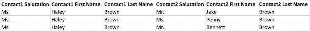 Spreadsheet with three rows where Haley Brown is Contact1, each with a different name in Contact2